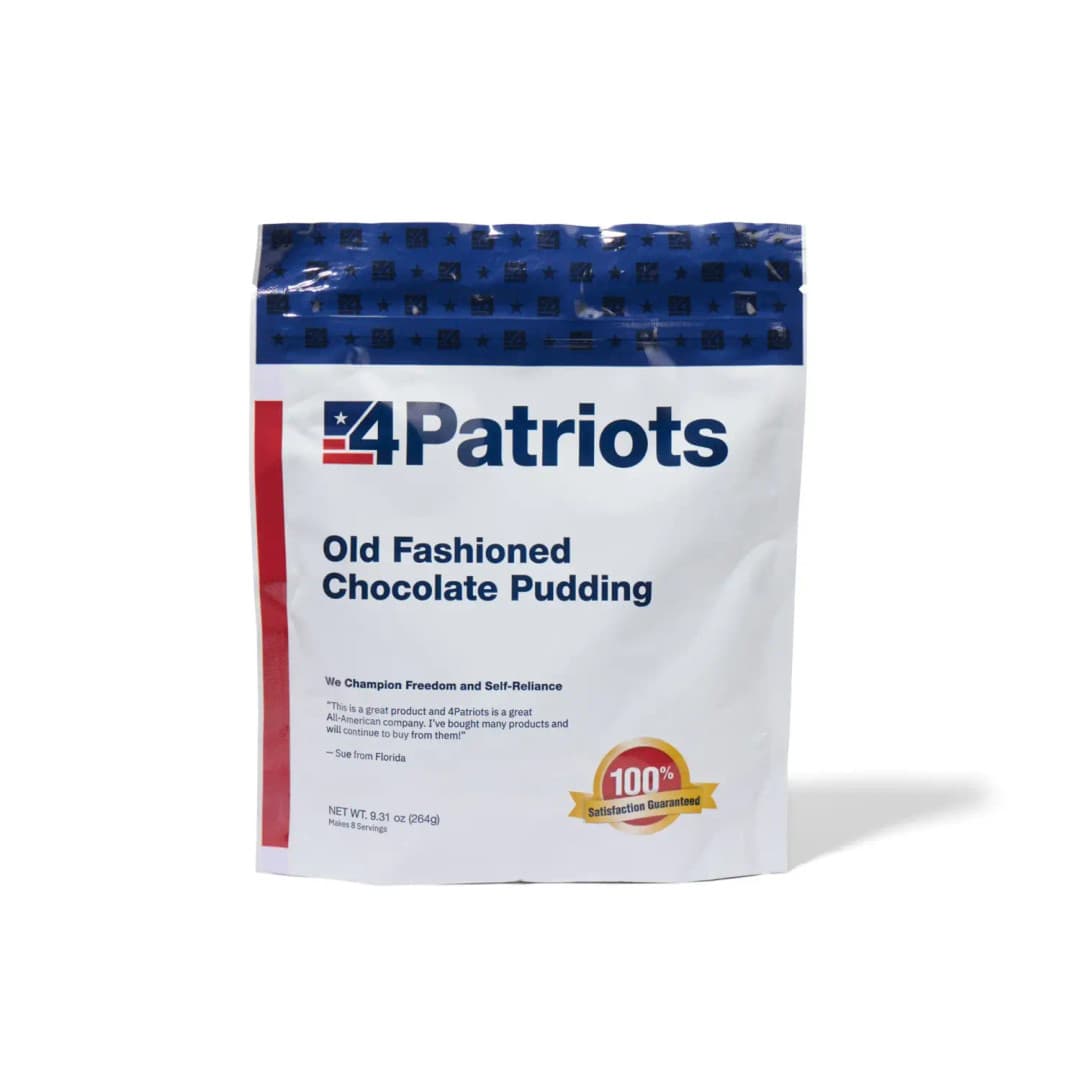 4Patriots Old Fashioned Chocolate Pudding emergency food kit pouch on white background. "100% Satisfaction Guaranteed" badge is on the pouch.