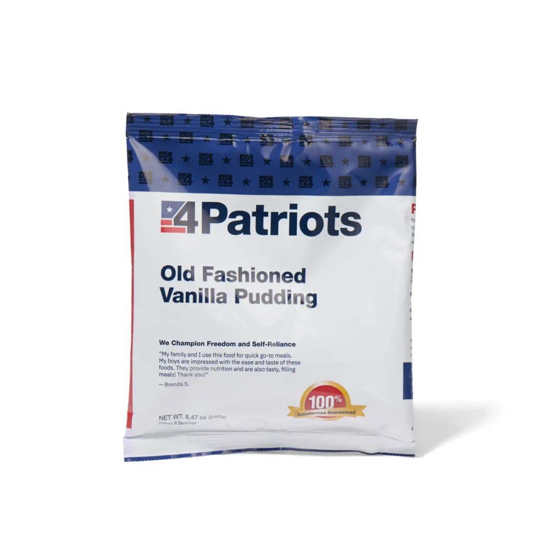 4Patriots Old Fashioned Vanilla Pudding emergency food kit pouch on white background. "100% Satisfaction Guaranteed" badge is on the pouch.