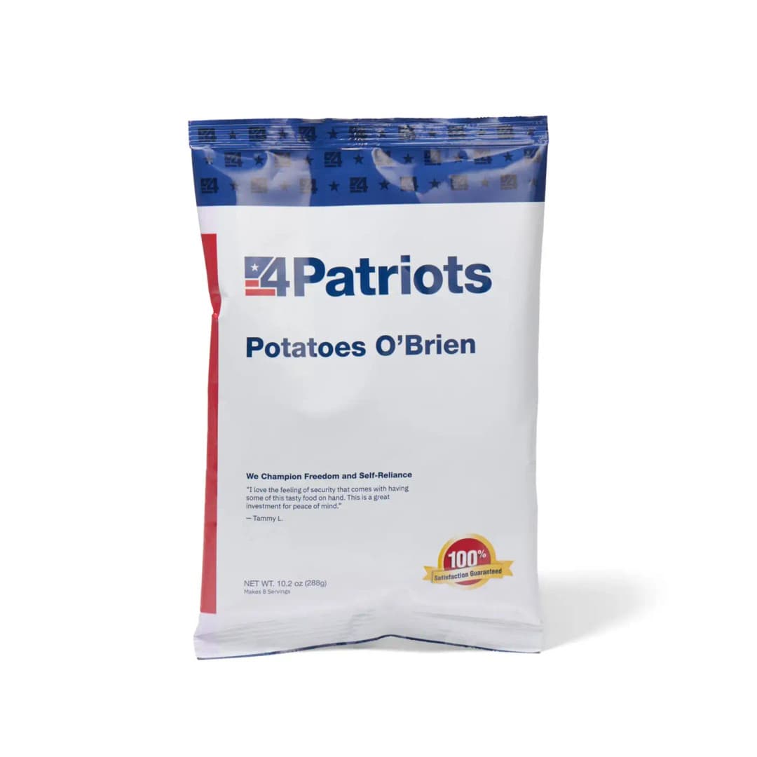 4Patriots Potatoes O'Brien emergency food kit pouch on white background. "100% Satisfaction Guaranteed" badge is on the pouch.