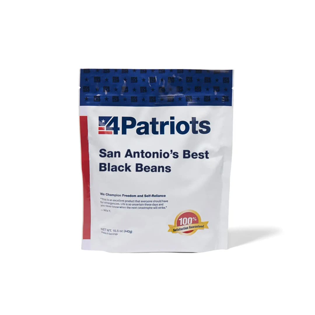 4Patriots San Antonio's Best Black Beans emergency food kit pouch on white background. "100% Satisfaction Guaranteed" badge is on the pouch.