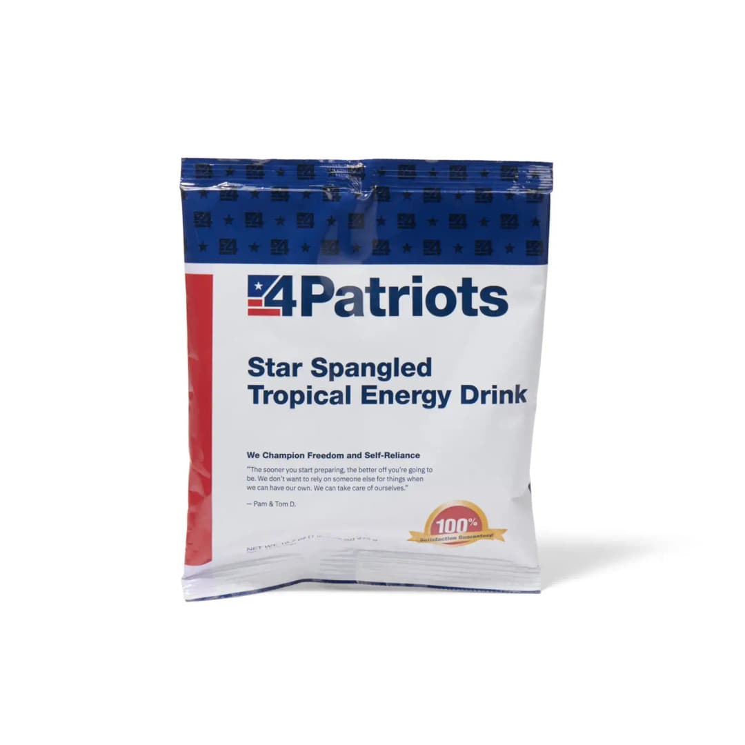 4Patriots Star Spangled Tropical Energy Drink emergency food kit pouch on white background. "100% Satisfaction Guaranteed" badge is on the pouch.