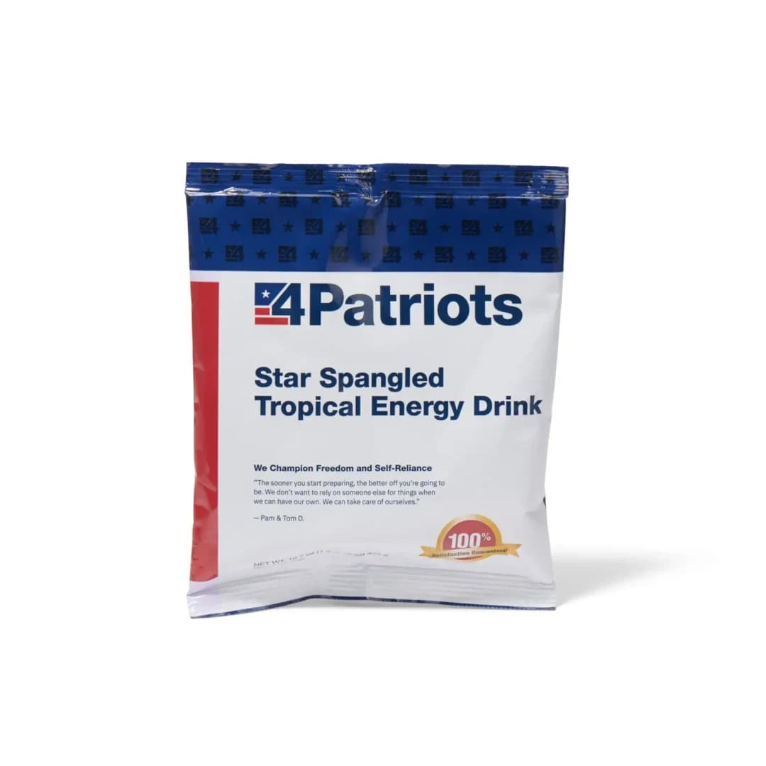 4Patriots Star Spangled Tropical Energy Drink emergency food kit pouch on white background. "100% Satisfaction Guaranteed" badge is on the pouch.