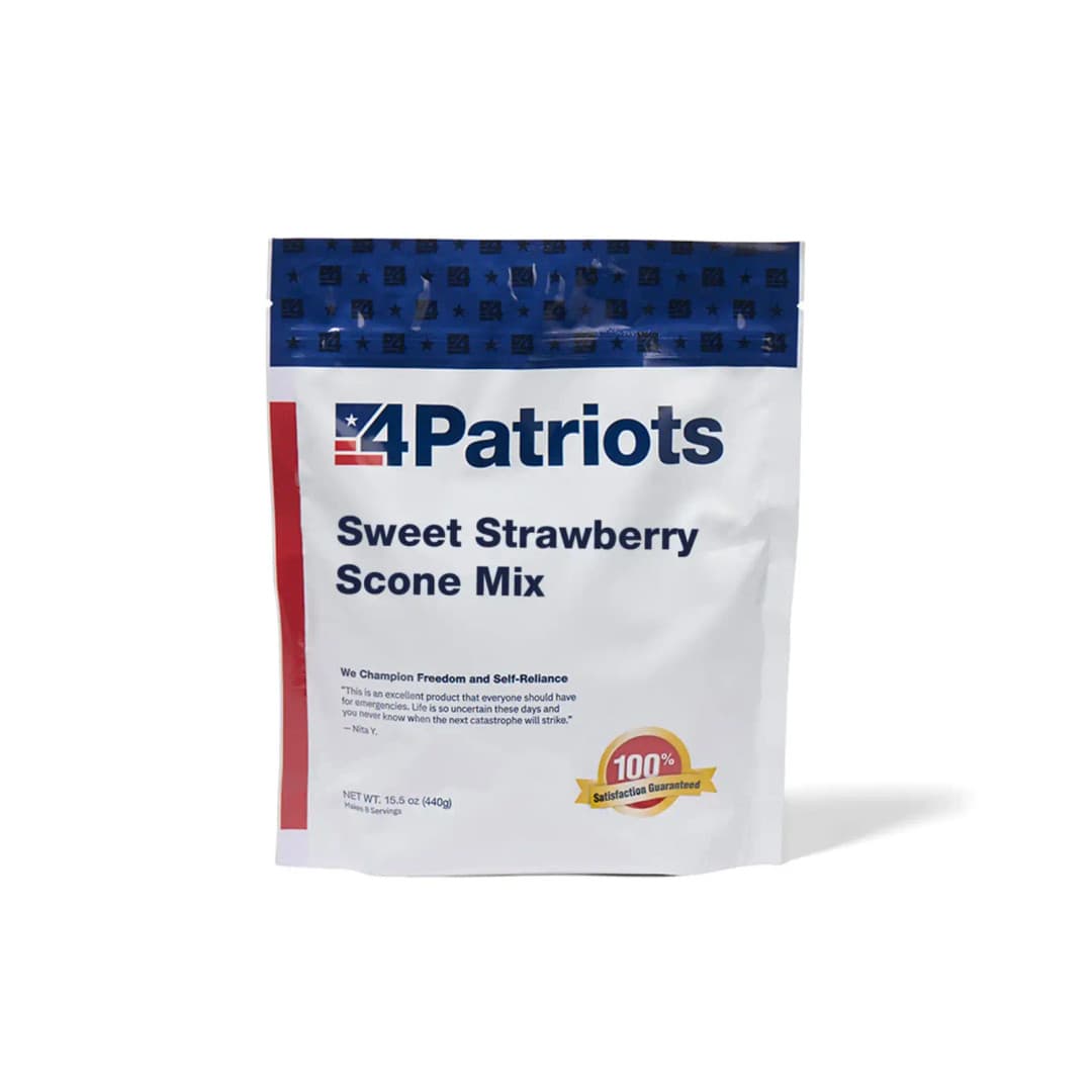 4Patriots Sweet Strawberry Scone Mix emergency food kit pouch on white background. "100% Satisfaction Guaranteed" badge is on the pouch.
