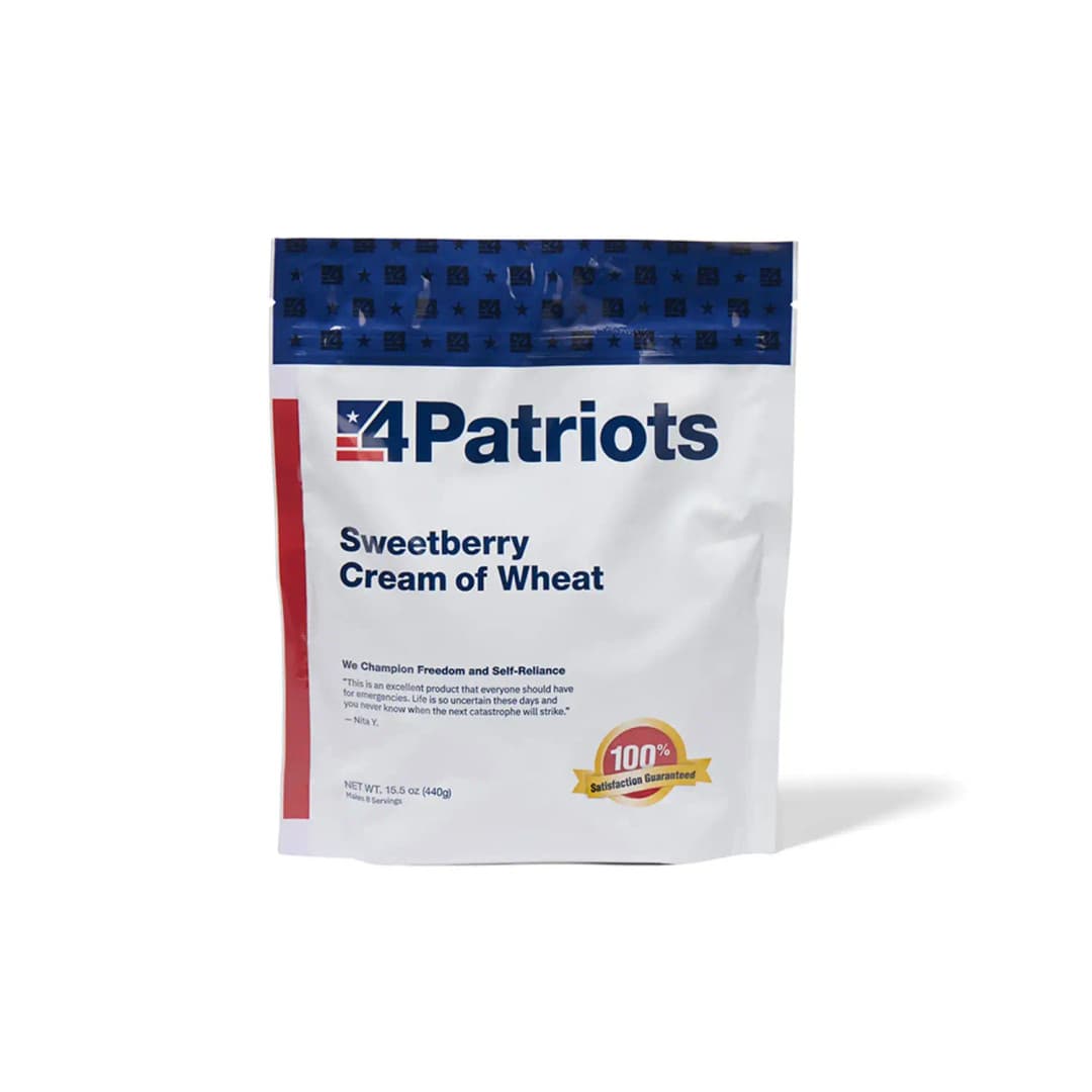 4Patriots Sweetberry Cream of Wheat emergency food kit pouch on white background. "100% Satisfaction Guaranteed" badge is on the pouch.