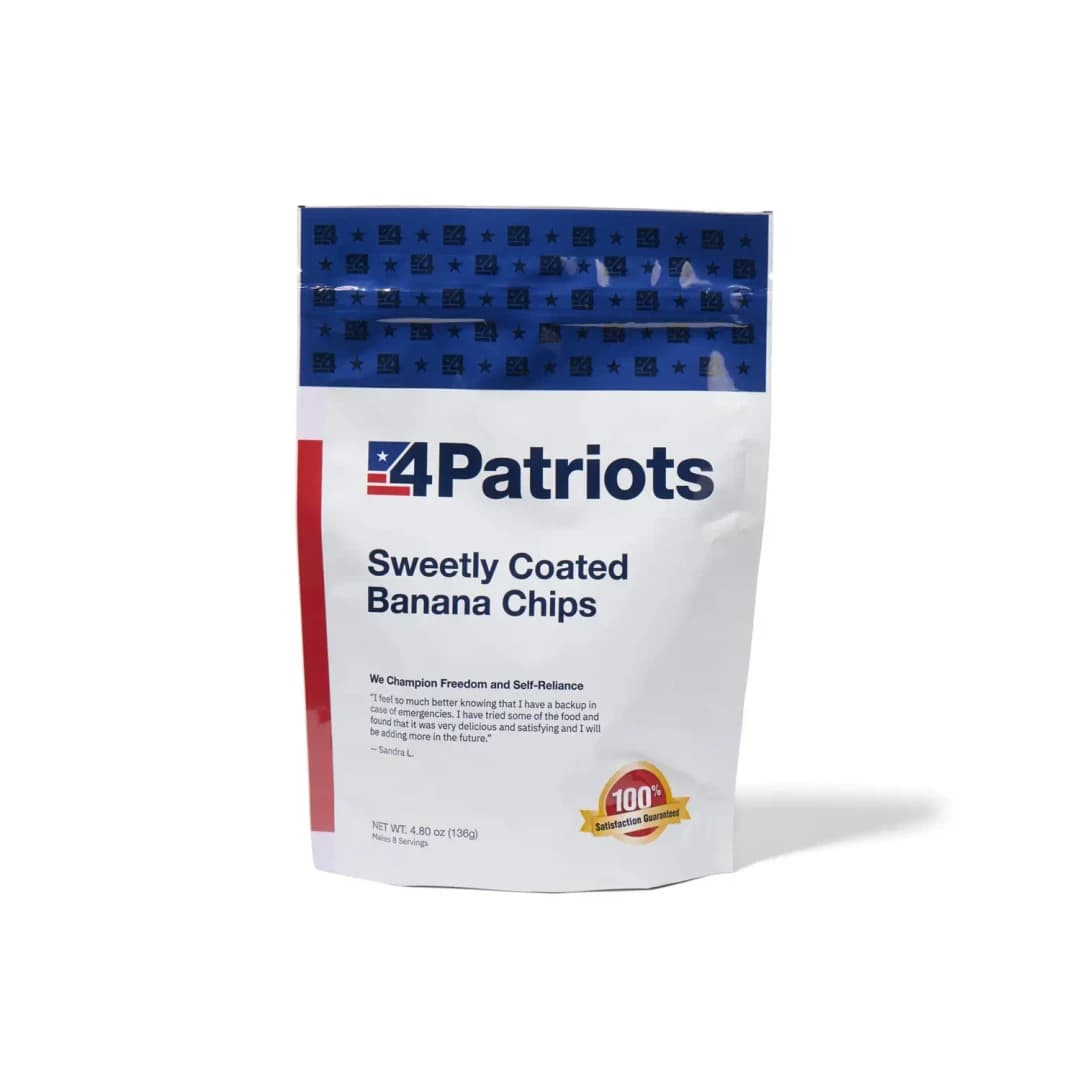 4Patriots Sweetly Coated Banana Chips emergency food kit pouch on white background. "100% Satisfaction Guaranteed" badge is on the pouch.