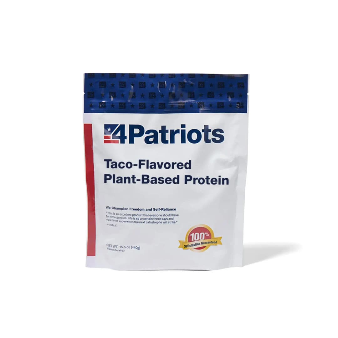 4Patriots Taco-Flavored Plant-Based Protein emergency food kit pouch on white background. "100% Satisfaction Guaranteed" badge is on the pouch.