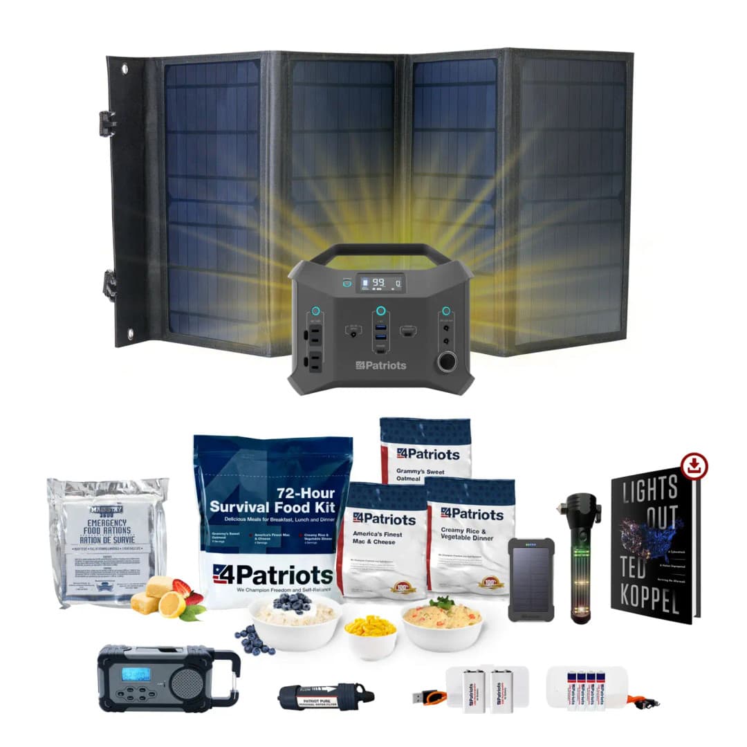4Patriots Patriot Power Sidekick is shown with foldable solar panel and emergency survival kit supplies.