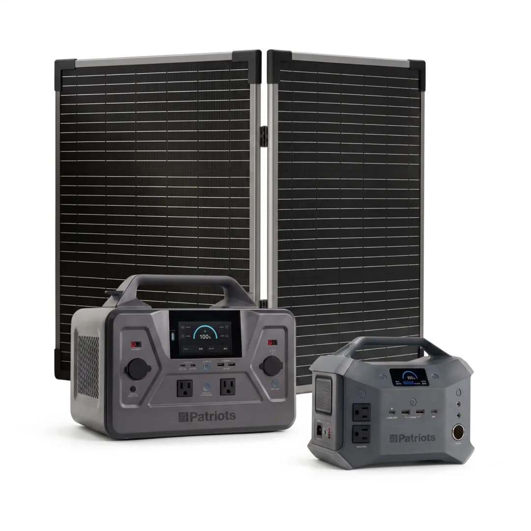 Two 4Patriots solar generators with a 100-Watt solar panel — ready for emergency and off-grid power