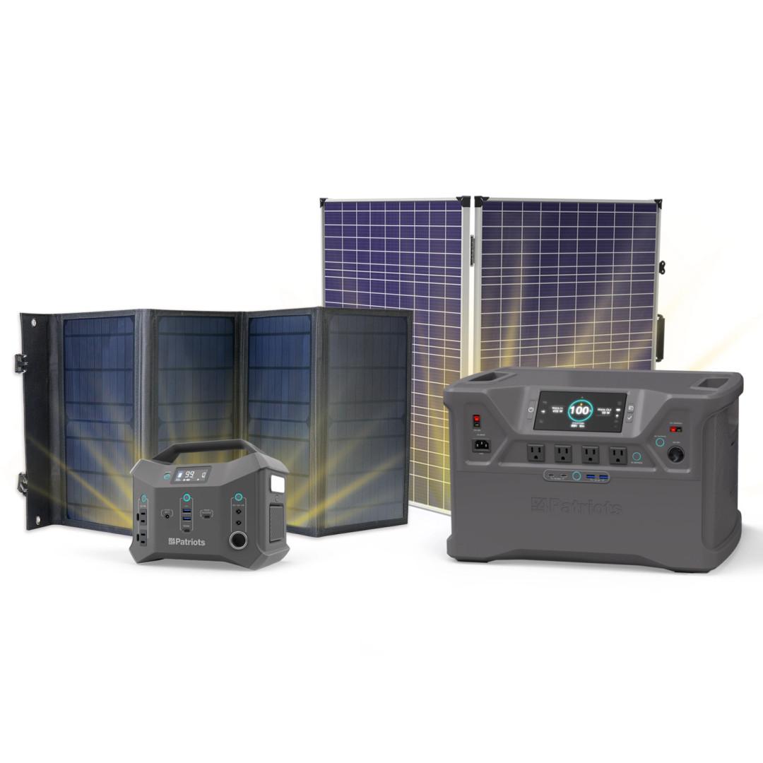 Graphic showing the Patriot Power Generator 2000X and Patriot Power Sidekick side-by-side with their solar panels.