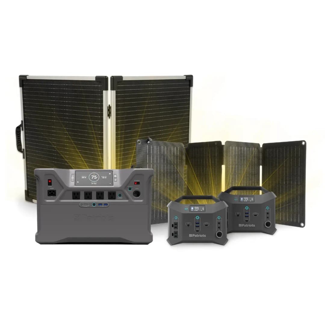 The 100W panel, 60W panel, the Patriot Power 2500X, and two Patriot Power Sidekicks on a white background.