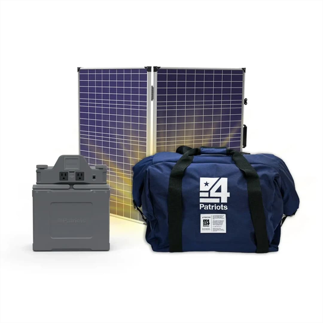 4Patriots 2000X Expansion Pack Platinum Upgrade with a portable power pack, blue EMP bag and 100-watt solar panel.