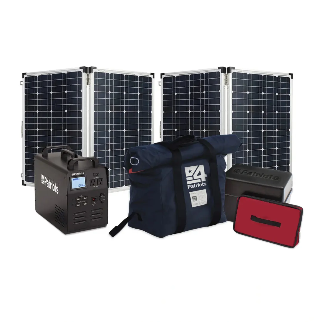 A 4Patriots emergency solar power kit featuring three foldable solar panels, a compact black power generator with digital display, a navy 4Patriots-branded duffle bag, a black storage EMP case, and a red accessory pouch. This setup emphasizes portable energy, backup preparedness, and off-grid reliability.