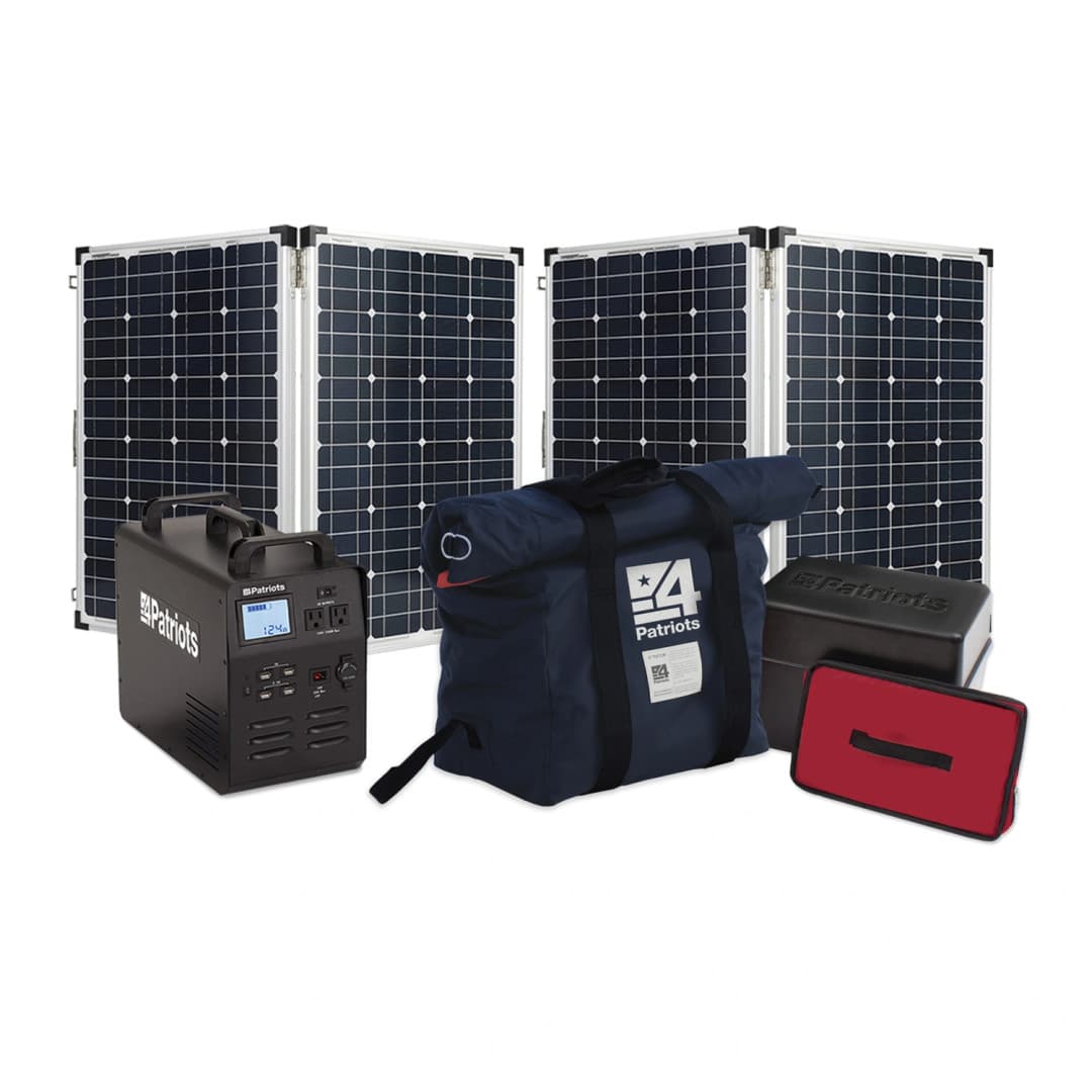 A 4Patriots emergency solar power kit featuring three foldable solar panels, a compact black power generator with digital display, a navy 4Patriots-branded duffle bag, a black storage EMP case, and a red accessory pouch. This setup emphasizes portable energy, backup preparedness, and off-grid reliability.