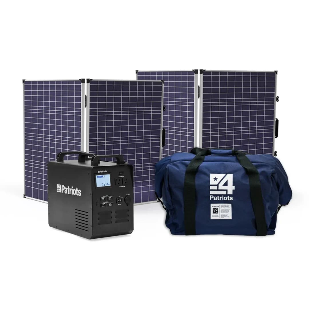 A 4Patriots emergency solar power kit featuring two foldable solar panels, a compact black power generator with digital display, and a navy 4Patriots-branded duffle bag. This setup emphasizes portable energy, backup preparedness, and off-grid reliability.