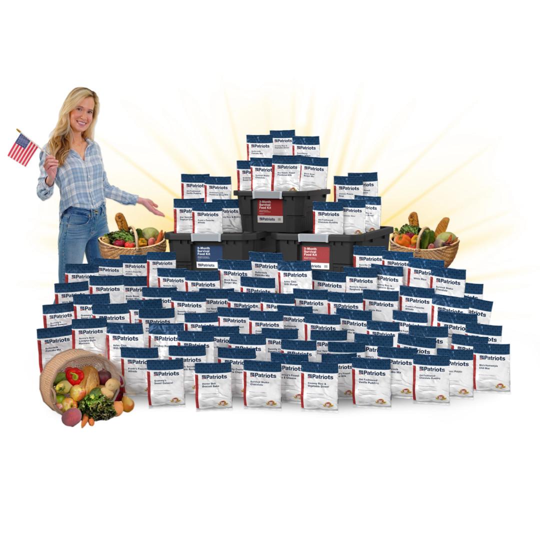 4Patriots 3-Month PlatinumXL Survival Food Kit shown with all pouches.