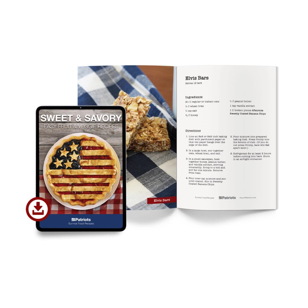 Tablet displaying an eBook titled "Sweet & Savory: Easy Fruit & Veggie Recipes" and an open cookbook showing a recipe for "Elvis Bars"