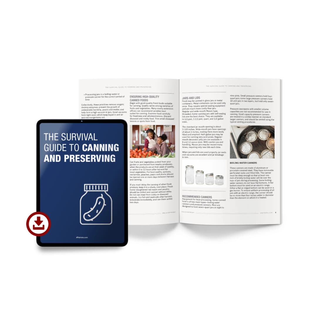 Tablet displaying "The Survival Guide to Canning and Preserving" next to an open printed book with related content and images