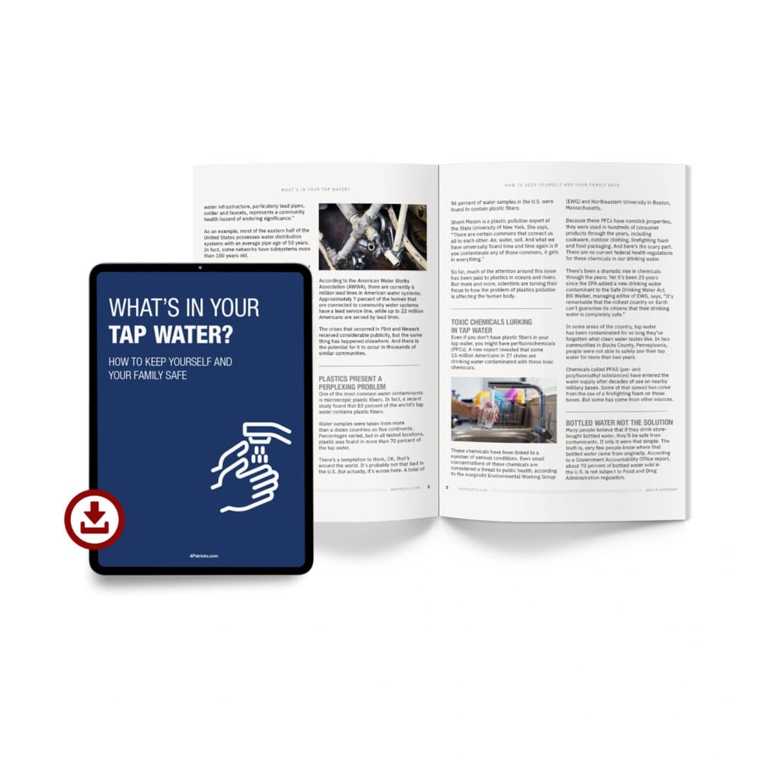 Tablet displaying "What's in Your Tap Water?" next to an open magazine about the same topic