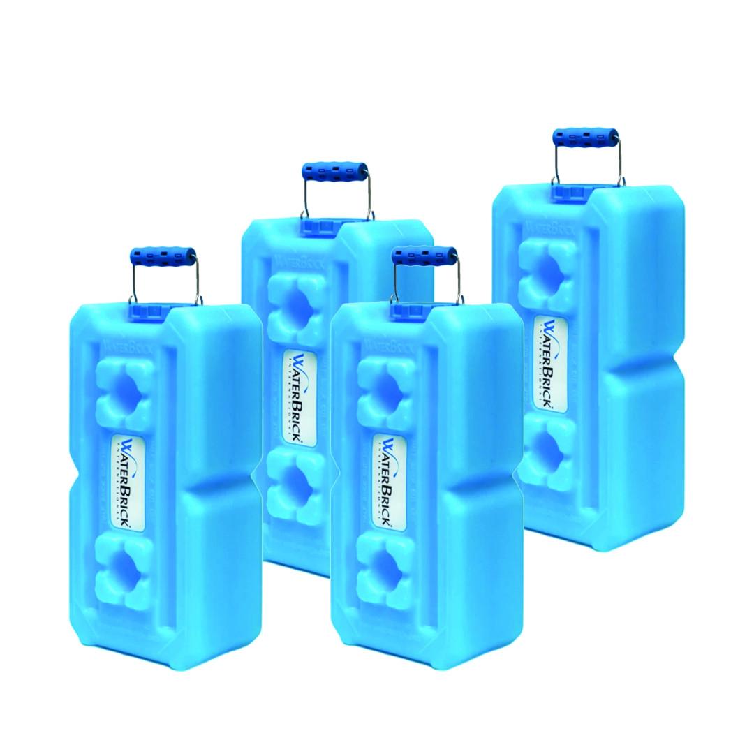 Four blue Water Bricks with sturdy handles, designed for portable water storage and easy stacking.