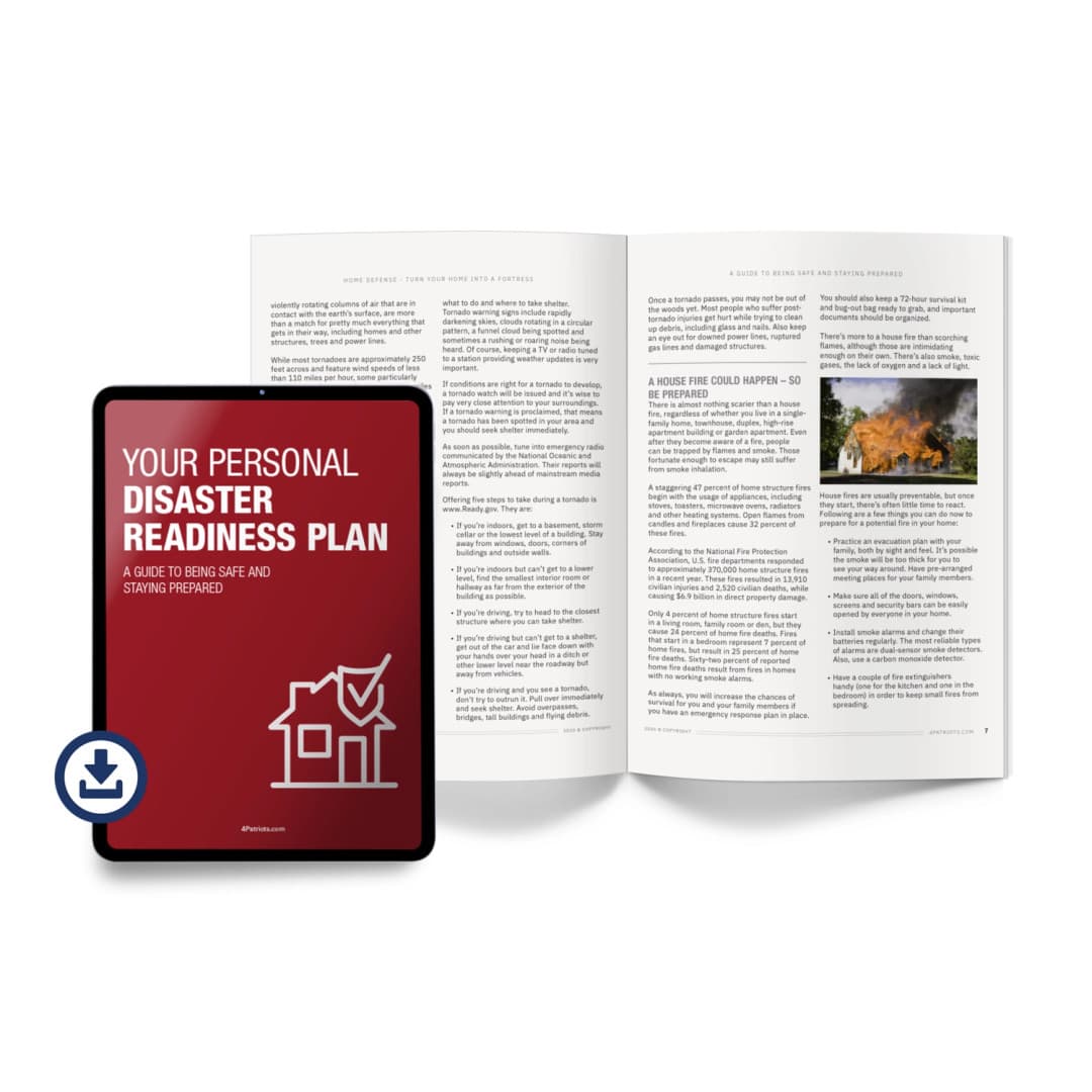 Tablet displaying "YOUR PERSONAL DISASTER READINESS PLAN" cover beside an open book with disaster preparedness text and a photo of a burning house