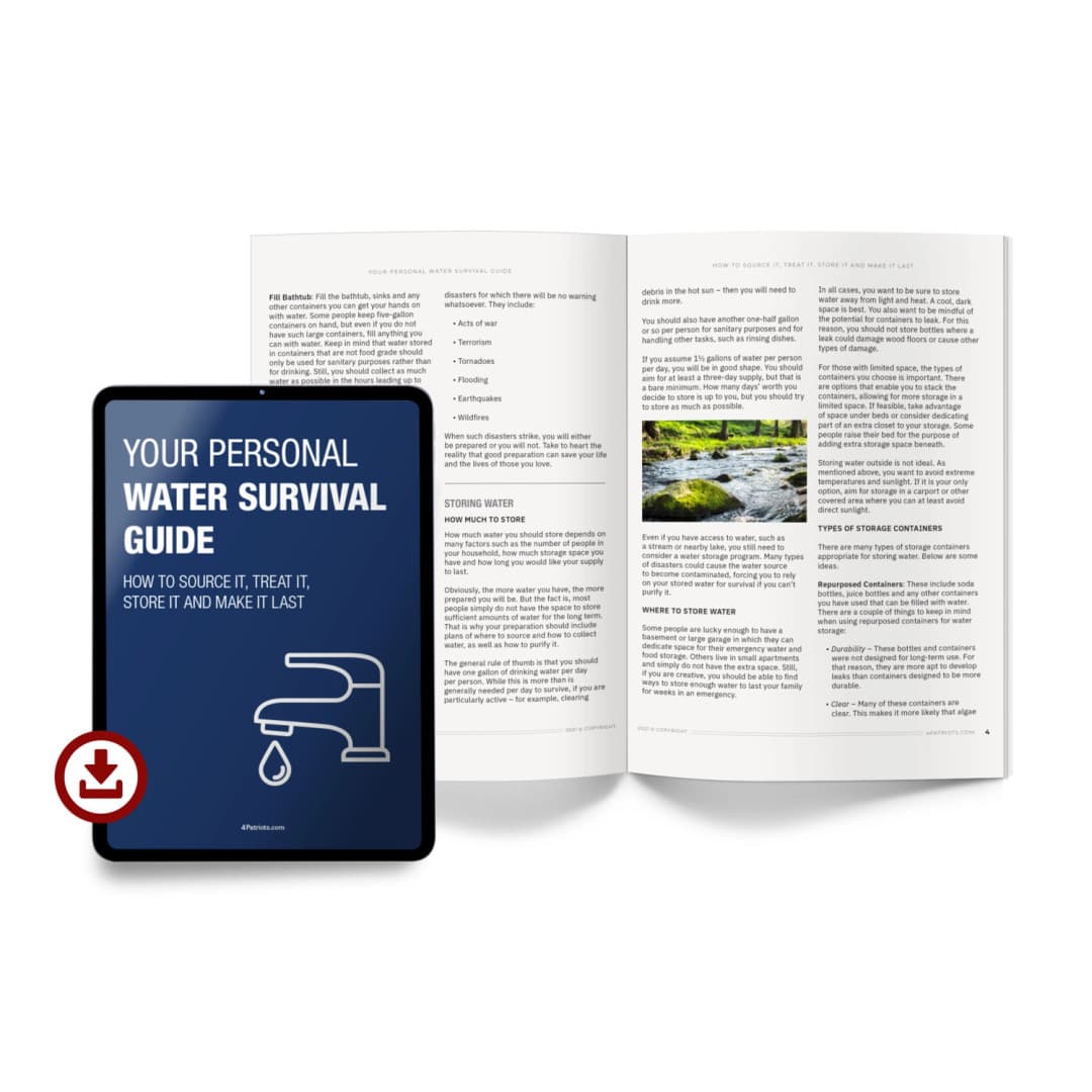 Digital tablet displaying a water survival guide next to an open book with text and a photo of a stream