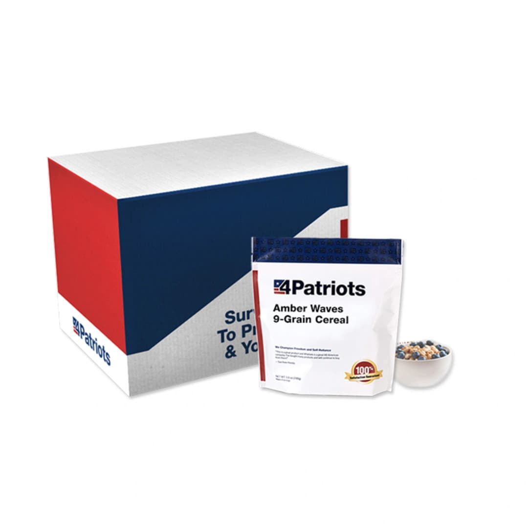 A 4Patriots Amber Waves 9-Grain Cereal pouch next to its case and a bowl of the contents topped with blueberries. From an emergency survival food kit. More than 1 serving is pictured.