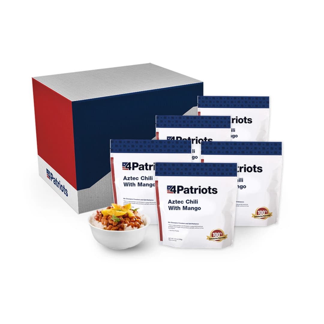 Multiple pouches of 4Patriots Aztec Chili with Mango emergency food kit sitting next to their box and a bowl of their contents with rice.