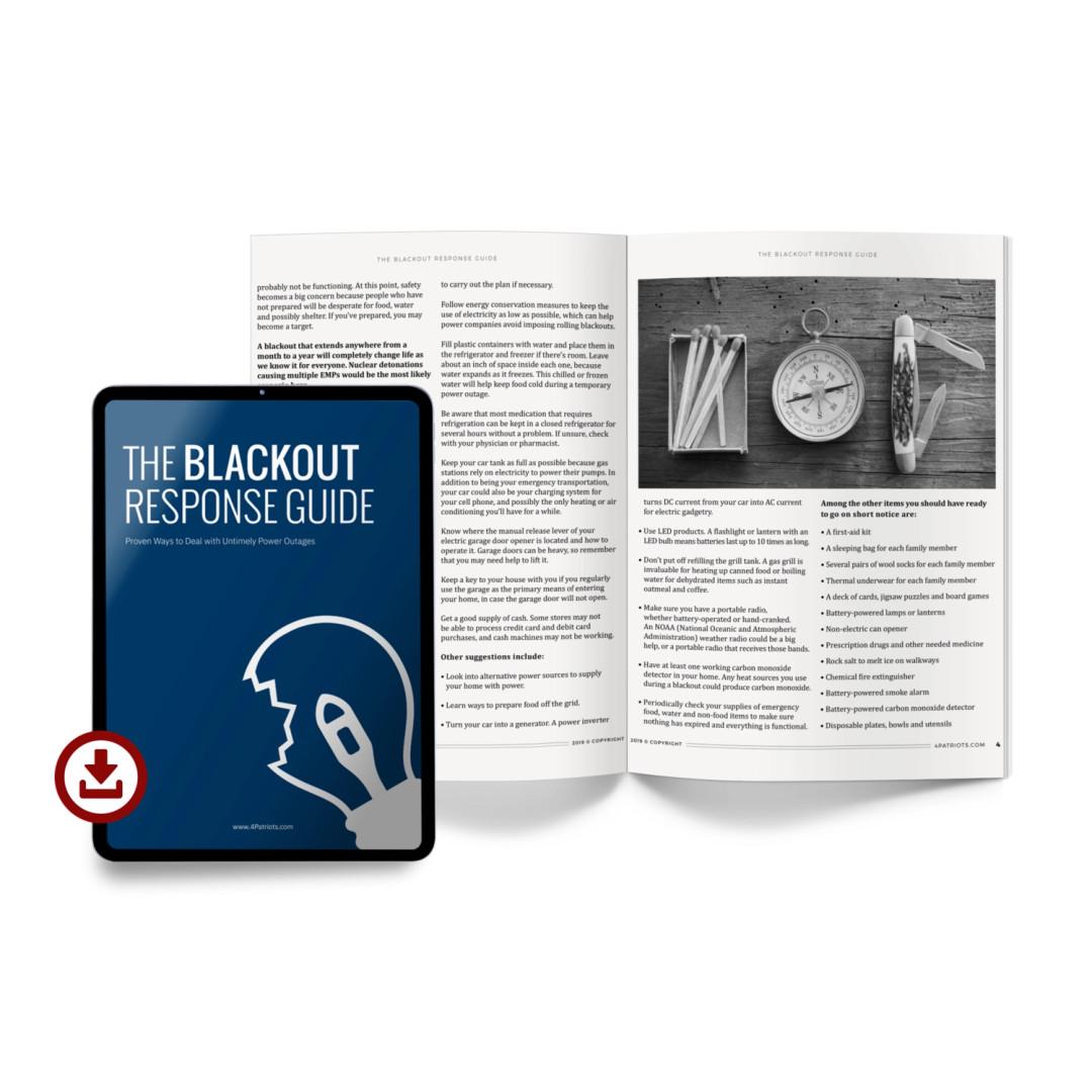 The Blackout Response Guide for emergency preparedness cover on a tablet and an open booklet version with text and an image of matches, a flashlight, and a stopwatch