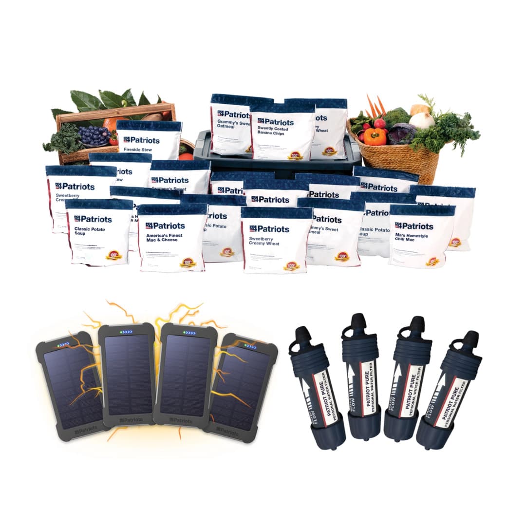 4Patriots Family Survival Essentials Bundle showing individual food pouches, 4 Patriot Power Cells and 4 Personal Water Filters