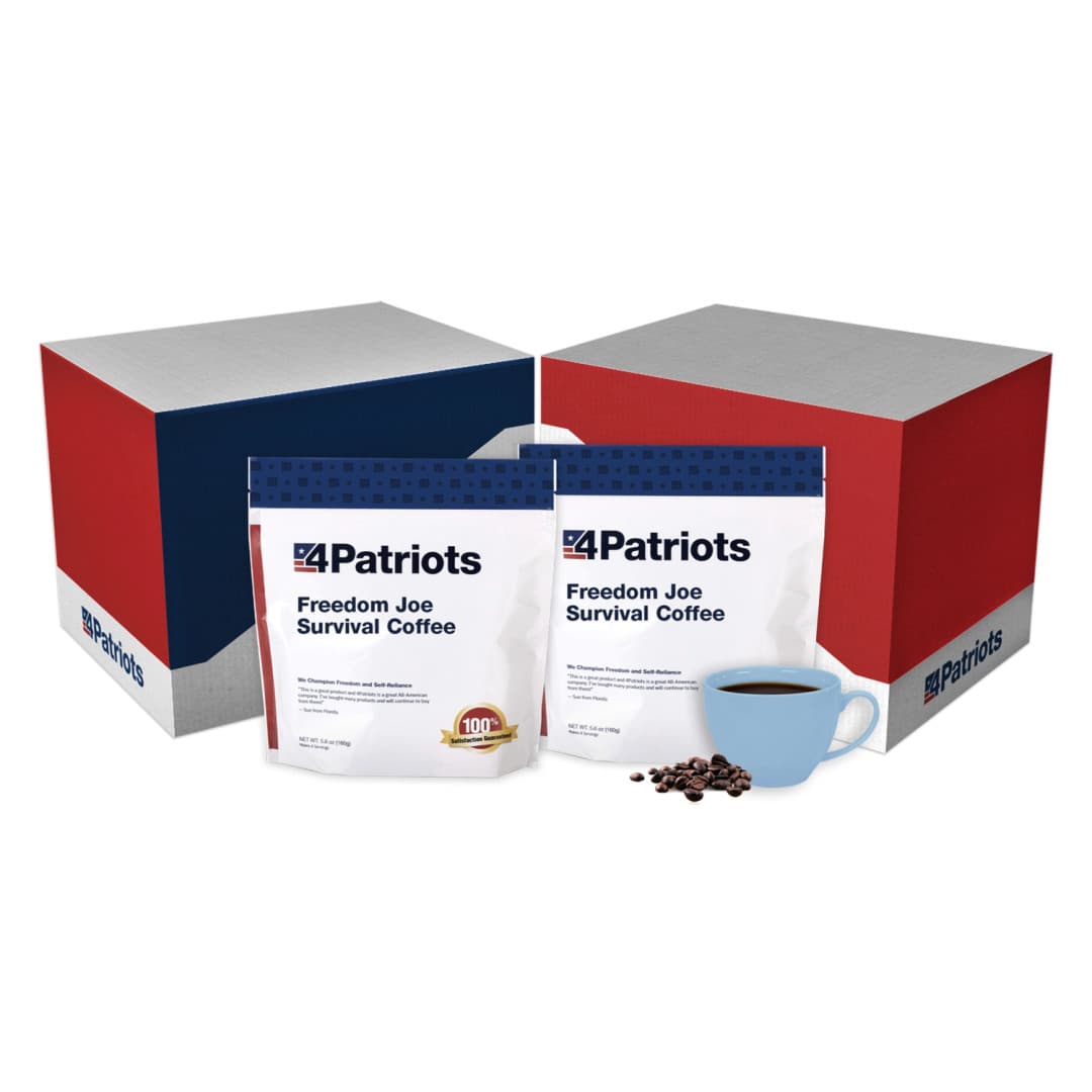 2 pouches of 4Patriots Freedom Joe Survival Coffee next to their box and a mug of coffee.