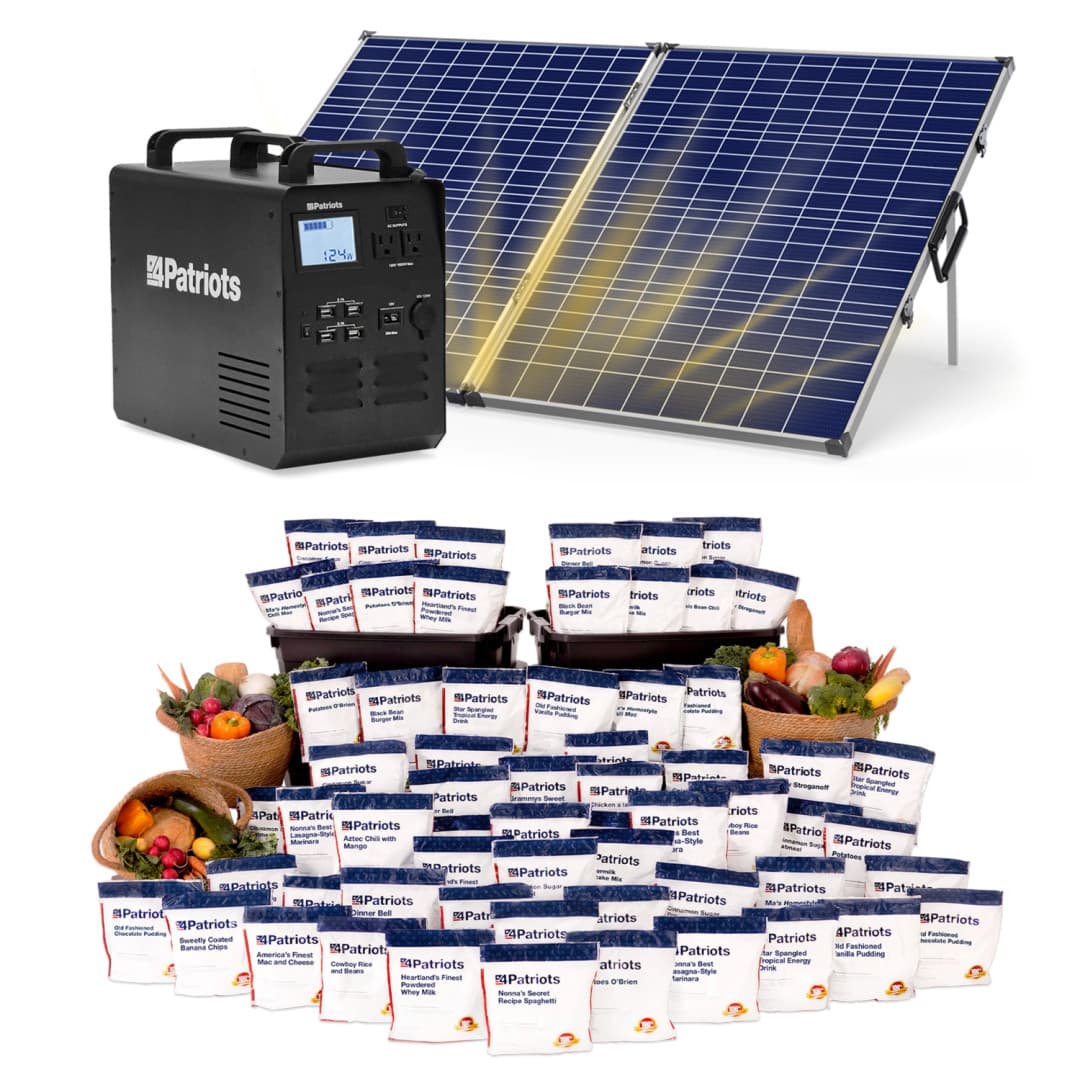 A 4Patriots setup including a portable solar generator and charging panels, paired with a large collection of 4Patriots emergency food supplies, suggesting a focus on energy independence and food security.