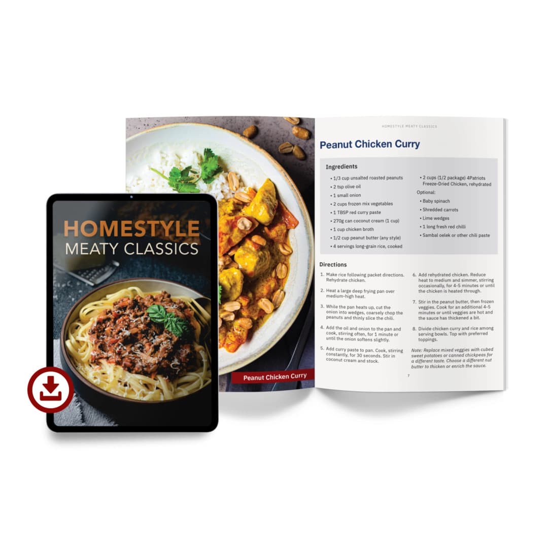 Tablet displaying "HOMESTYLE MEATY CLASSICS" next to an open cookbook with Peanut Chicken Curry recipe page