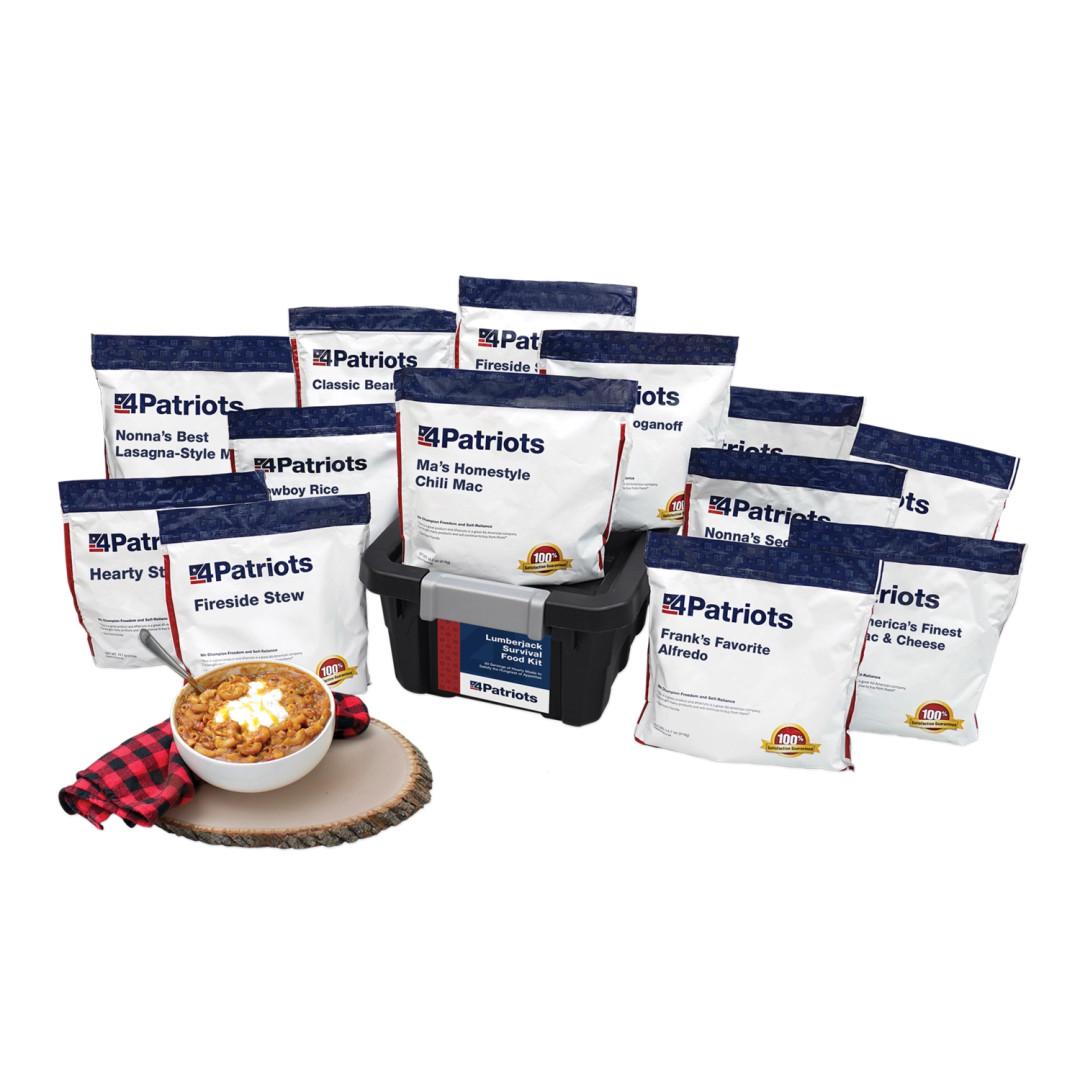 4Patriots Lumberjack Food Kit with various meal packages, including: Ma’s Homestyle Chili Mac, Nonna's Best Lasagna-Style Marinara, Classic Bean Chili, Fireside Beef Stew, Cowboy Rice, Frank’s Favorite Alfredo, America’s Finest Mac & Cheese, Hearty Stew, and Fireside Stew. Bowl of food in foreground with wooden slab and red checkered cloth