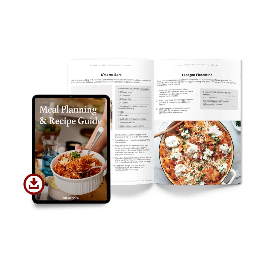 "Digital tablet displaying 'Meal Planning & Recipe Guide' next to an open recipe book with recipes for S'mores Bars and Lasagna Florentine"
