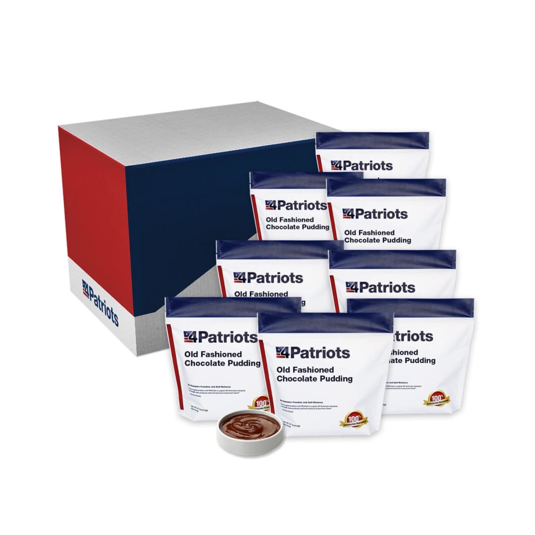 4Patriots Old Fashioned Chocolate Pudding pouches next to their box and a small dish of the contents prepared.