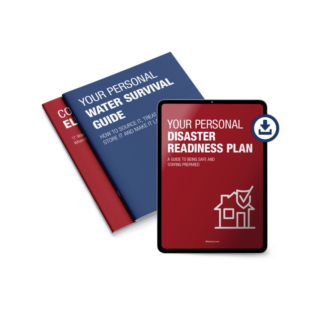 Three documents, one on a tablet and two physical booklets, featuring guides on disaster readiness, water survival, and energy conservation