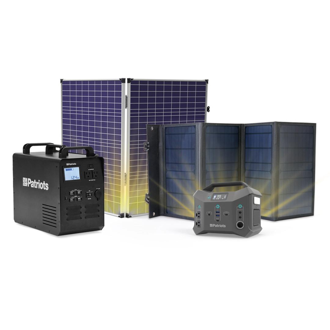 Two portable solar power stations with foldable solar panels, branded 4Patriots.