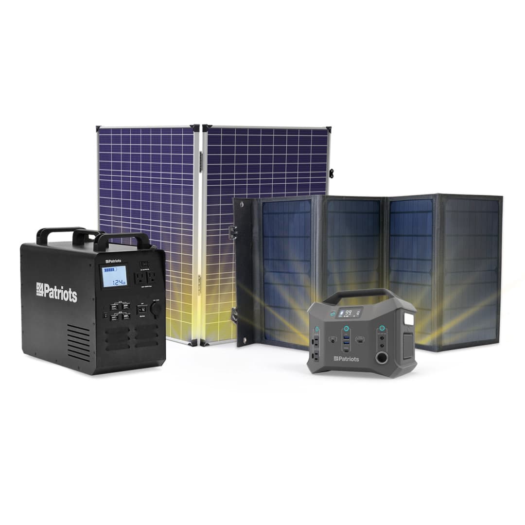 Two portable solar power stations with foldable solar panels, branded 4Patriots.