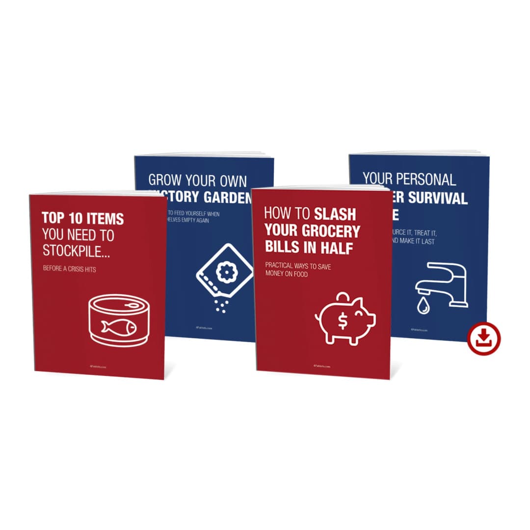 Pictured are four digital download guides displayed, which include "Top 10 Items You Need to Stockpile... Before a Crisis Hits," "Grow Your Own Victory Garden," "How to Slash Your Grocery Bills in Half," and "Your Personal Water Survival Guide." These guides provide valuable information on preparedness and self-sufficiency, complementing the 4Patriots emergency food supplies.