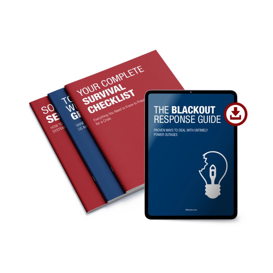 Stack of three books and a tablet displaying "THE BLACKOUT RESPONSE GUIDE"