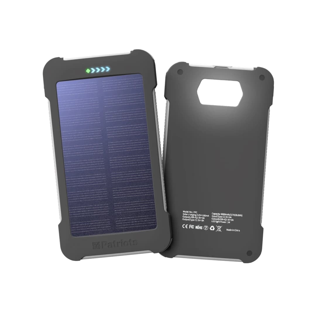 Patriot Power Cell CX 1 pack. View of the front and back with the light on.