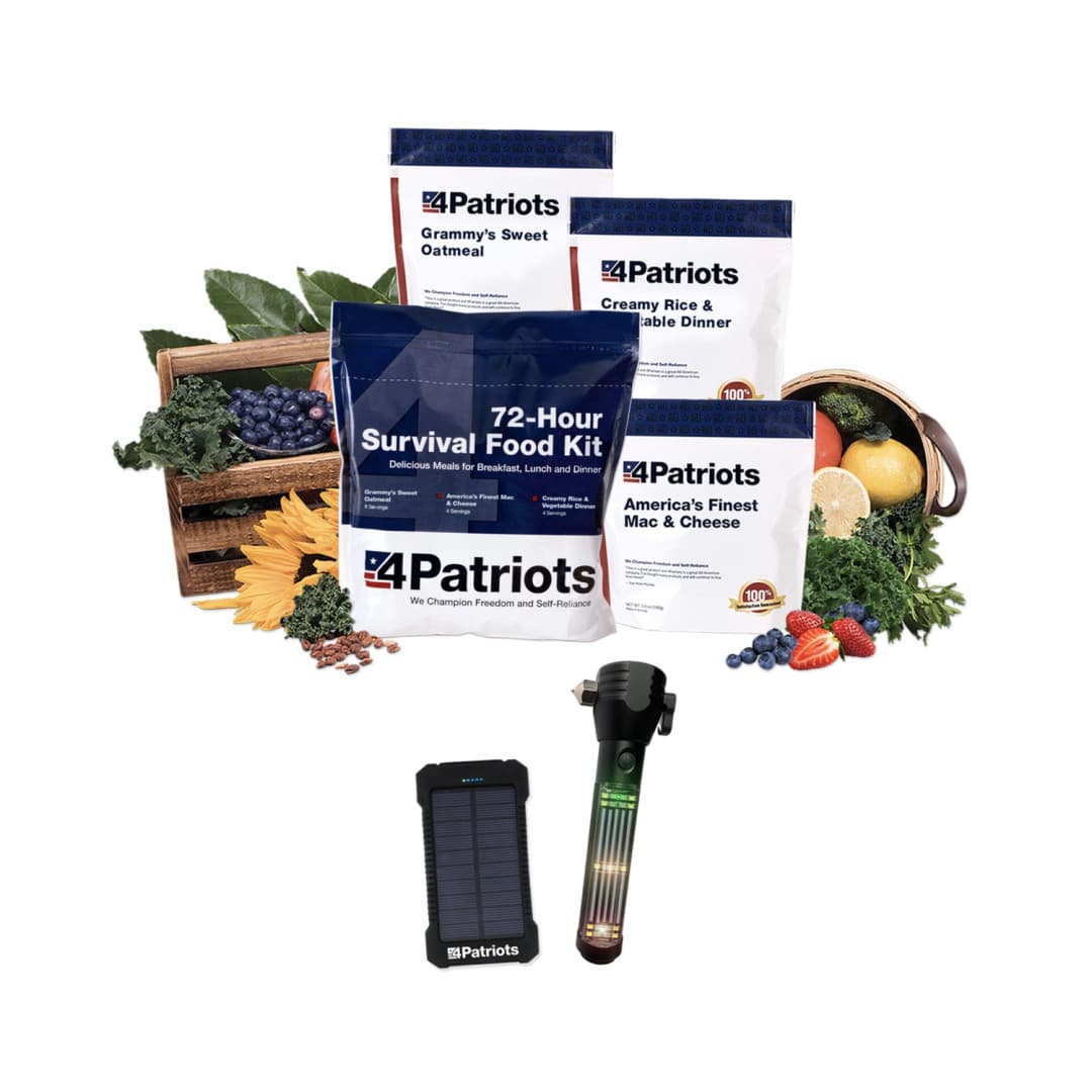 4Patriots Survival Starter Bundle includes: 72-Hour Survival Food Kit, Patriot Power Cell, and the Halo-XT Tactical Flashlight.