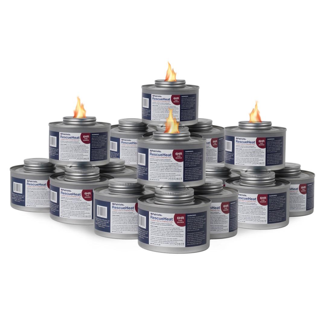 16 stacked cans of Rescue Heat fuel
