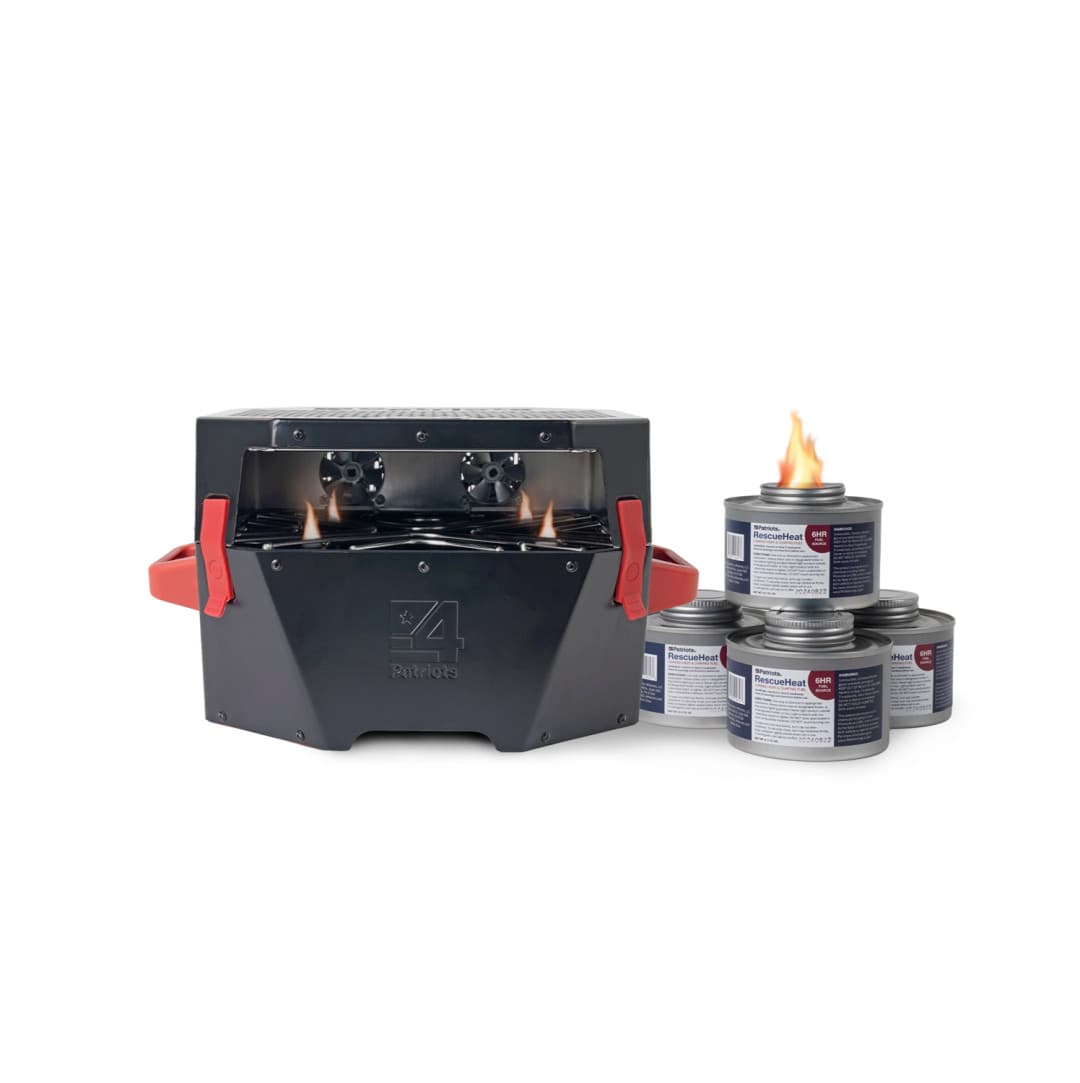 Portable emergency space heater and stove with stacked fuel cans, one lit.