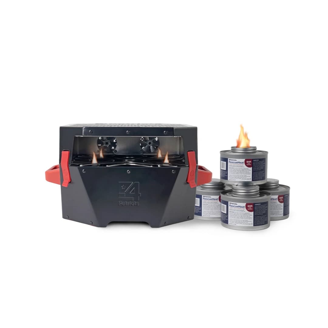 Portable emergency space heater and stove with stacked fuel cans, one lit.