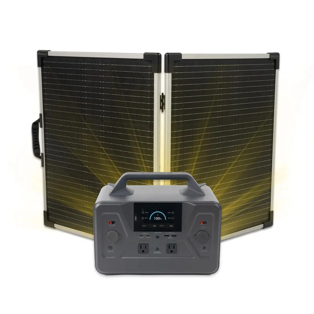 A Patriot portable power station solar generator 1200X displayed in front of a foldable solar panel, with yellow light rays emphasizing the solar panel's energy-harnessing capabilities. The power station's digital display shows a full 100% charge, highlighting its efficient solar charging system."
