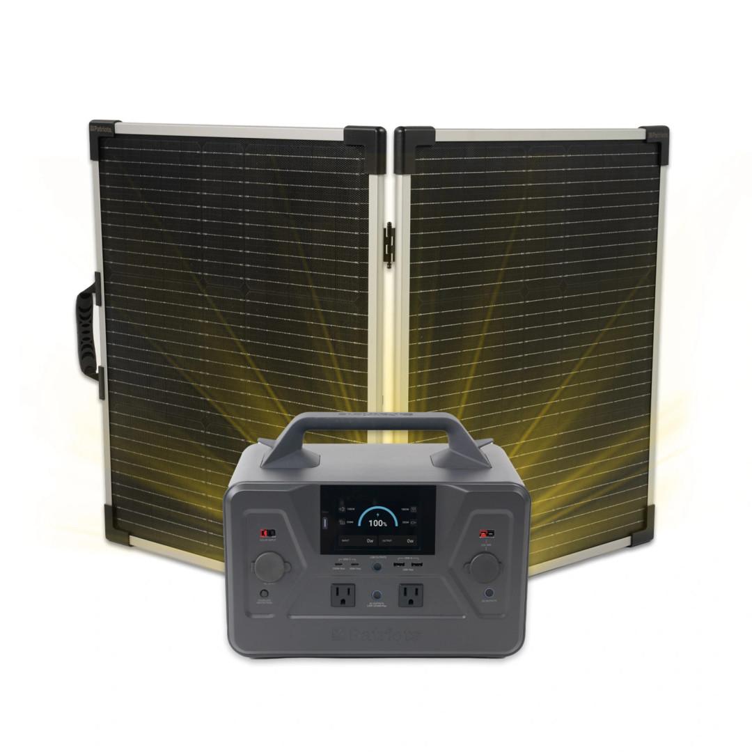 A Patriot portable power station solar generator 1200X displayed in front of a foldable solar panel, with yellow light rays emphasizing the solar panel's energy-harnessing capabilities. The power station's digital display shows a full 100% charge, highlighting its efficient solar charging system."
