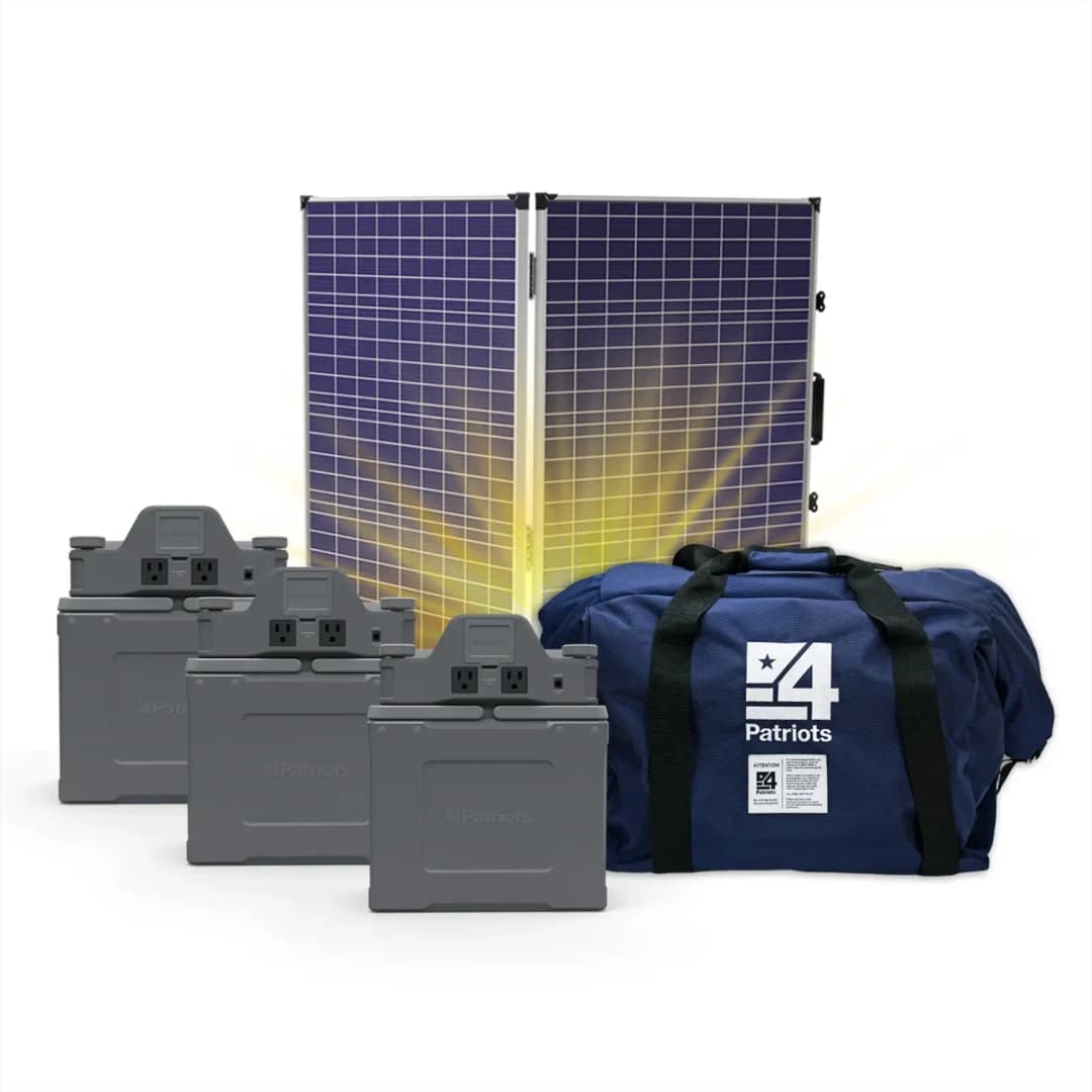 A comprehensive 4Patriots emergency power bundle featuring a foldable solar panel, three compact power units, a large blue and a 4Patriots-branded duffel bag. The solar panel is backlit with a glow, emphasizing renewable energy and off-grid readiness.