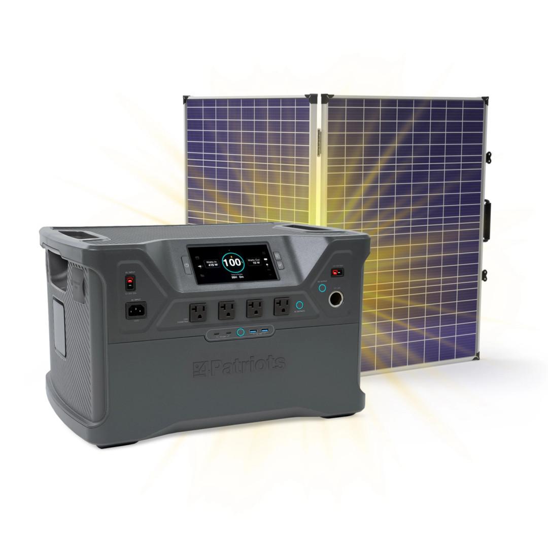 A Patriot portable power generator 2500X paired with a foldable solar panel, emitting bright yellow light rays to signify its solar energy capabilities. The generator's digital display shows a full 100% charge, highlighting its efficiency and readiness for use."
