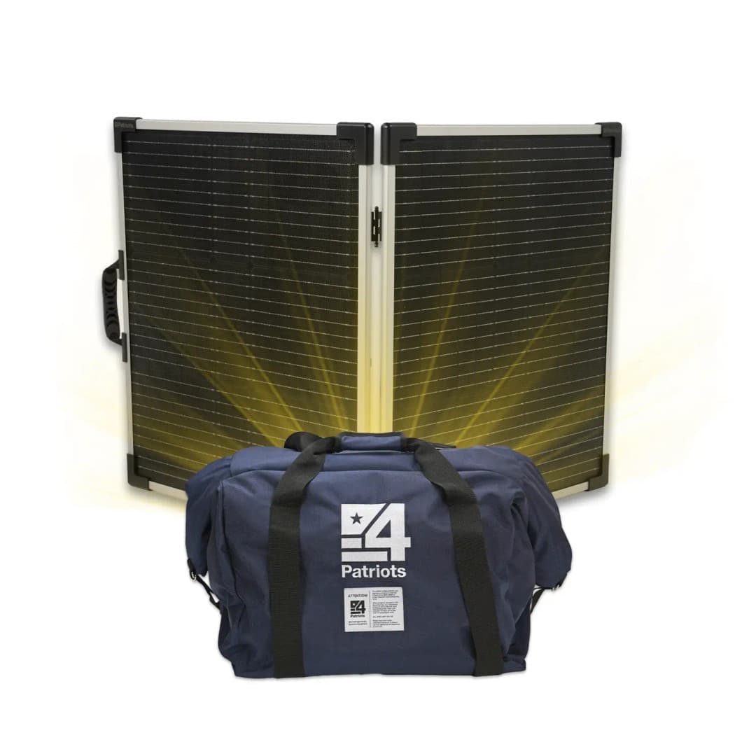 A 4Patriots emergency preparedness EMP bag is shown with a laminate 100-Watt Solar Panel. The bag is large and navy blue. There is a solar burst is shown between the bag and panel.